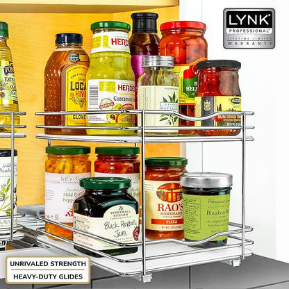 LYNK PROFESSIONAL® Pull Out Spice Rack Organizer for Inside Kitchen Cabinets - 8-1/4 inch Wide - Slide Out Drawer – Chrome Sliding Spice Cabinet Organization Shelf Racks - 2 Tier