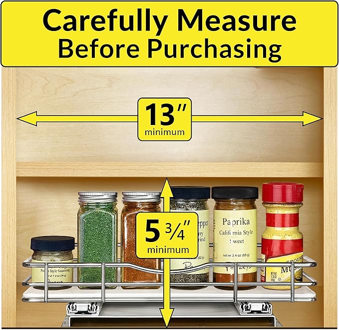 LYNK PROFESSIONAL® Pull Out Spice Rack Organizer for Inside Kitchen Cabinets - 12-1/4 inch Wide - Slide Out Drawer – Chrome Sliding Spice Cabinet Organization Shelf Racks - 1 Tier