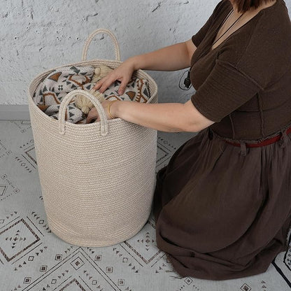 Cotton Rope Laundry Basket Hamper for Clothes Woven Storage Basket for Living Room Bedroom Boho Tall Rope Baskets for Blanket Toys Pillow Towels Baby Nursery Hamper Bin Large oatmeal