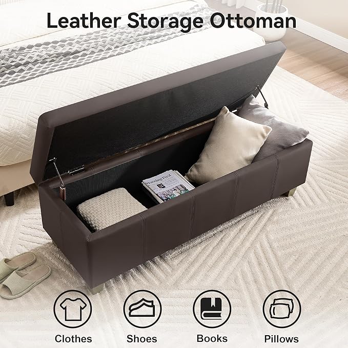 41" Faux Leather Storage Ottoman, Stitch Tufted Rectangle Upholstered End of Bed Storage Bench, Entryway Large Couch Ottoman with Wooden Legs,Brown
