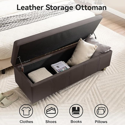41" Faux Leather Storage Ottoman, Stitch Tufted Rectangle Upholstered End of Bed Storage Bench, Entryway Large Couch Ottoman with Wooden Legs,Brown