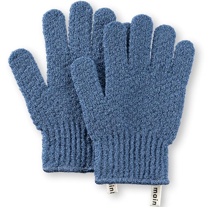 MainBasics Deep Cleansing Exfoliating Bath Gloves - Heavy-Textured Nylon Shower Scrub for Dead Skin Removal - Machine Washable with Hanging Loop (1 Pair, Pigeon Blue)