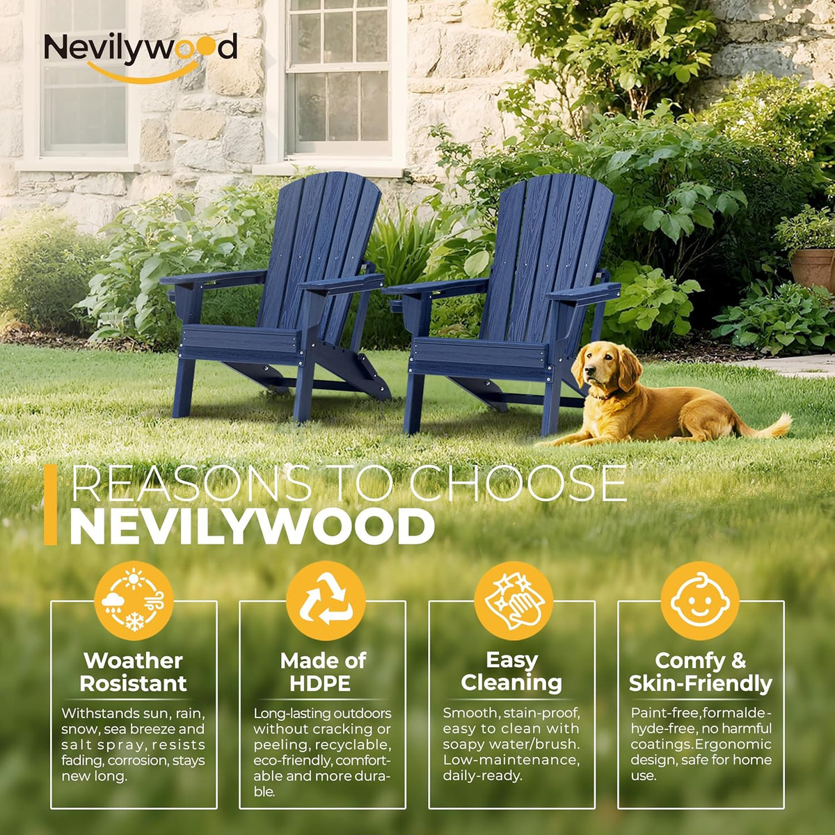 Folding Adirondack Chair - Extended Ergonomic Backrest, Cup Holder - Easy Assembly - Durable HDPE Plastic, Weather Resistant & Maintenance-Free - Lawn, Patio, Deck Supports 380lbs NavyBlue