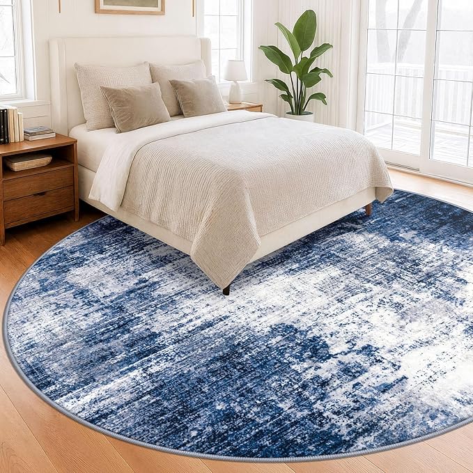 IOHOUZE Abstract Round Area Rug 8 Ft Washable Circle Rugs Large Round Rug Non Slip Thin Soft Circle Rugs, Printed Faux Wool Floor Carpet for Bedroom Living Room Dining Room Nursery, Navy/Grey