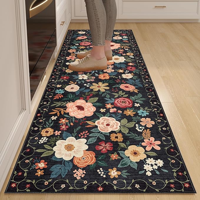 DUKINO 2x6 Runner Rug for Hallway, Washable Kitchen Runner Rug with Non Slip Backing, Low Pile Soft Boho Floral Runner for Kitchen, Hallway, Entryway, Laundry, Bedroom, Black