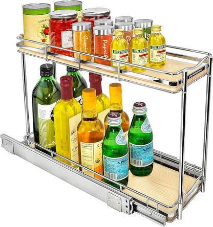 LYNK PROFESSIONAL® Élite™ Pull Out Spice Rack Organizer for Inside Kitchen Cabinets - 6"x21" - Slide Out Drawer – Wood/Chrome Sliding Spice Cabinet Organization Shelf Racks - 2 Tier