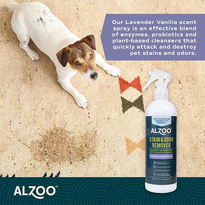 ALZOO Stain & Odor Remover, Quickly Lifts & Dissolves Pet Stains & Helps Eliminate Odors, 100% Plant-Based Active Ingredients, Lavender Vanilla Scent, 16 Fl. Oz Spray Bottle