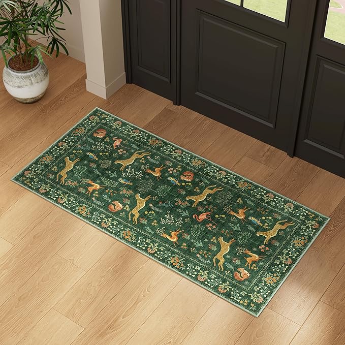 DUKINO 2x4 Rug for Hallway, Washable Kitchen Runner Rug with Non Slip Backing, Soft Low Pile Vintage Animal Runner for Bedroom, Kitchen, Hallway, Entryway, Laundry, Green