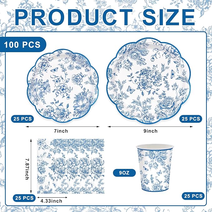 100pcs Blue Floral Paper Plates Napkins Flower Scalloped Tableware | Disposable
