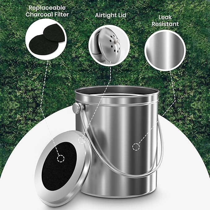 Utopia Kitchen Indoor Compost Bin Kitchen, Odorless Composting with Charcoal Filter, 1.3 Gallon Stainless Steel Large Composter for Countertop & Under Sink, Easy Cleaning, One Extra Filter - (Silver)
