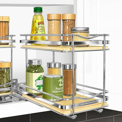 LYNK PROFESSIONAL® Élite™ Pull Out Spice Rack Organizer for Inside Kitchen Cabinets - 6-1/4 inch Wide - Slide Out Drawer – Wood/Chrome Sliding Spice Cabinet Organization Shelf Racks - 2 Tier