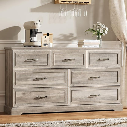 7 Drawer Dresser for Bedroom, 57" Wide Wooden Chest of Drawers, Rustic Farmhouse Dresser with Large Drawers & Metal Handles, Modern Storage Organizer for Closet, Living Room, Hallway, Grey
