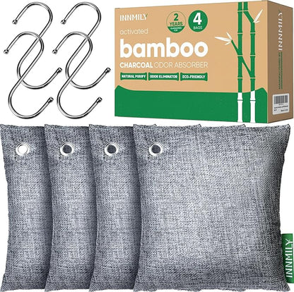 Activated Charcoal Odor Absorber,Large 4x500g w Hooks Nature Odor Eliminator for Strong Odor,Bamboo Charcoal Air Purifying Bags,Moisture Absorbers for Fresh Home Car Closet Pet,Smoke Room Deodorizer