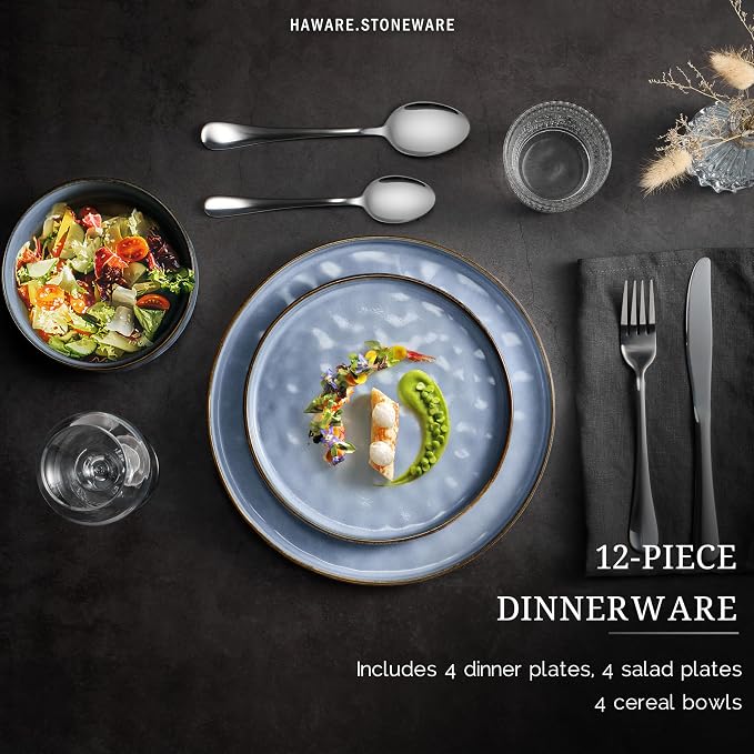 HaWare Dinnerware Sets, 12-Piece Plates and Bowls Set, Reactive Blue |