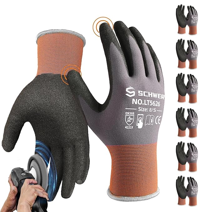 Schwer 6 Pairs Safety Work Gloves with Sandy Nitrile Coating LT5626, Max Abrasion Resistance Heavy Duty Gloves with Grip for Men and Women, Ideal for General Use, Mechanic, Construction, Gardening, S