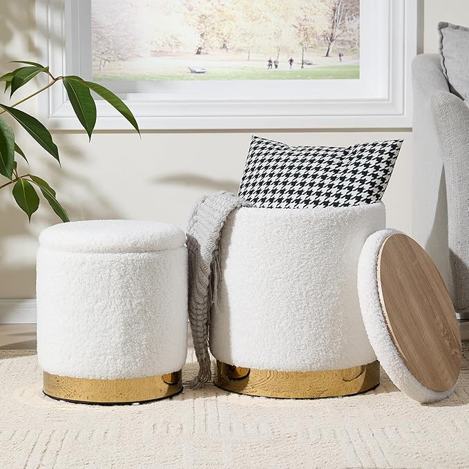 Royal Windsor Boucle Round Ottoman with Storage Set of 2, Vanity Stool with Storage for Bedroom, Ottoman Coffee Table Gold-Tone Ring Around The Base, Small Foot Stool for Living Room, White