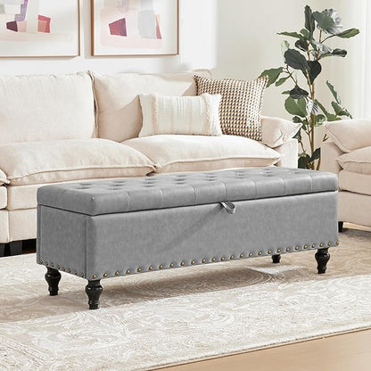 51.8’’ Storage Ottoman Bench, Faux Leather Ottoman with Storages, Window Benches Holds up to 330lbs, Upholstered Storage Bench for Bedroom, Living Room, Entryway and Family Room, Light Gray