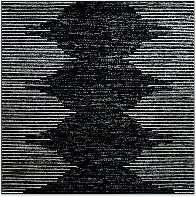 Rugshop Bohemian Stripe Stain Resistant High Traffic Living Room Kitchen Bedroom Dining Home Office Square Area Rug 6'6" x 6'6" Black