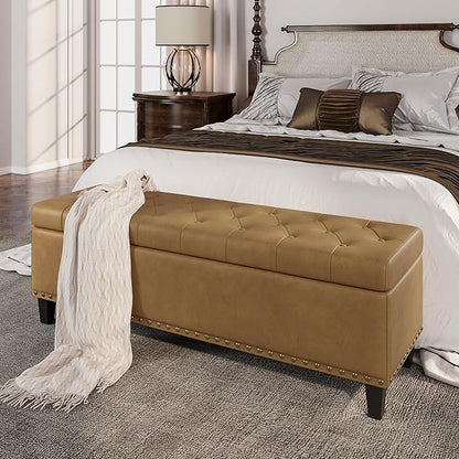 Storage Ottoman Bench, 51-Inch Large Storage Bench for Bedroom End of Bed, 30 Gallons Faux Leather Ottoman for Bedroom, Living Room, Entryway, Hallway, Camel