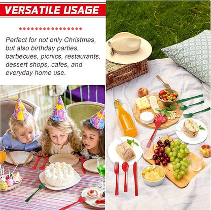 300 Pieces Christmas Plastic Silverware Heavy Duty Plastic Cutlery Set Heavyweight Disposable Flatware Includes Christmas Spoons Forks Knifes for Christmas New Year Party