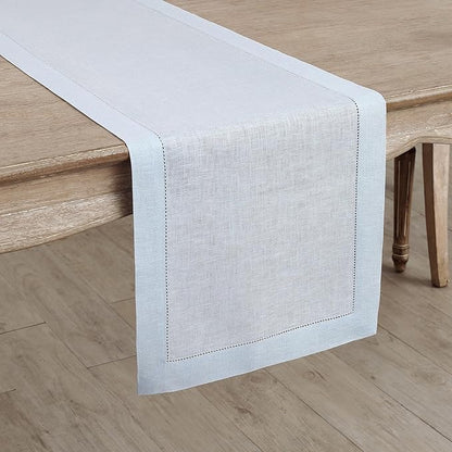 Solino Home Linen Light Blue Table Runner 90 Inches Long - 100% Pure Linen Hemstitch 14 x 90 Inch Table Runner for Dining, Winter, Christmas, New Year - Classic Hemstitch