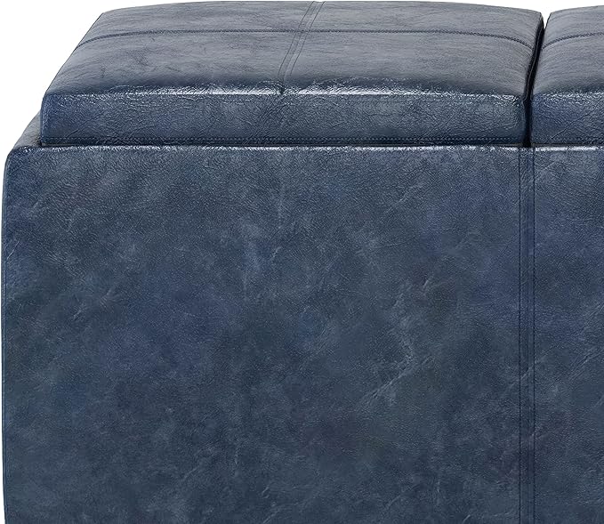 SIMPLIHOME Avalon 42 inch Wide Contemporary Rectangle Storage Ottoman in Denim Blue Vegan Faux Leather, Assembled, for the Living Room, Entryway and Family Room