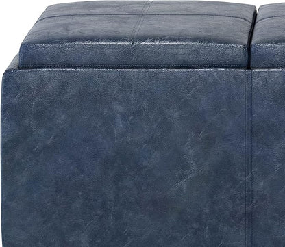 SIMPLIHOME Avalon 42 inch Wide Contemporary Rectangle Storage Ottoman in Denim Blue Vegan Faux Leather, Assembled, for the Living Room, Entryway and Family Room
