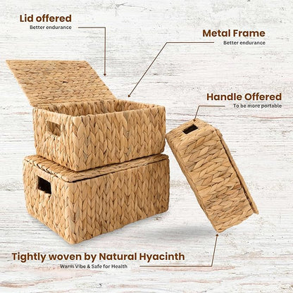 Wicker Storage Baskets with Lid, Set 3 Basket With Lid Decorative Storage Rectangle Wicker Storage Basket Large Rattan Storage Box Hyacinth Baskets