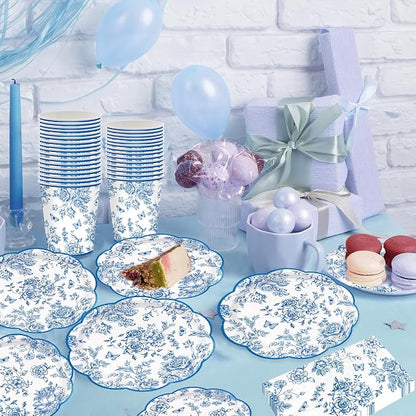 100pcs Blue Floral Paper Plates Napkins Flower Scalloped Tableware | Disposable