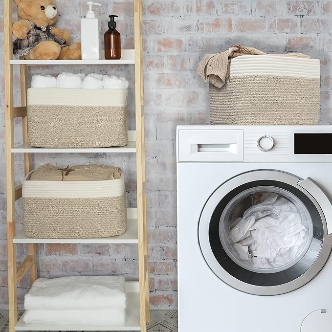 Cotton Rope storage Basket Bins Woven Basket for Organizing Shelves Rectangle Decorative Baskets For storage Clothes Toys Books Towels Square Wicker Nursery basket organizer 3 pack white and brown