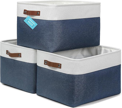 OrganiHaus Extra Large Fabric Storage Bins for Shelves 16x13in, Closet Storage Baskets for Shelf Organizing, Canvas Rectangle Bins for Organization, Linnen Baskets for Organizing - Navy Blue/White