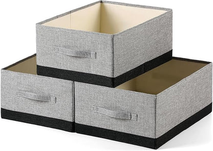 Linen Folding Storage Bins, 3 Pack Large Storage Baskets, Washable, Clothing Storage Bins with Handle, Closet Organizer for Storage Sweater,Sheets (gray black, 18½"x13½"x8½")