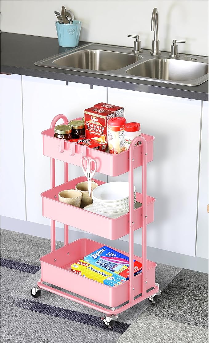 Simple Houseware 3-Tier Heavy Duty Metal Utility Rolling Cart, Pink