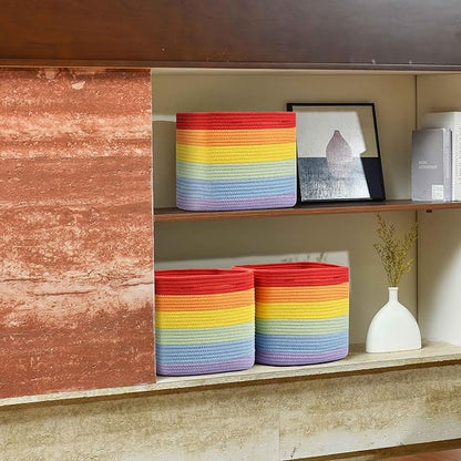 3 Pack Storage Cubes 11 Inch Cotton Rope Woven Baskets for Organizing Cube Bin Square Shelves Organizer,Classroom,Kids Toy Bins,Closet,Baby Nursery(Rainbow)