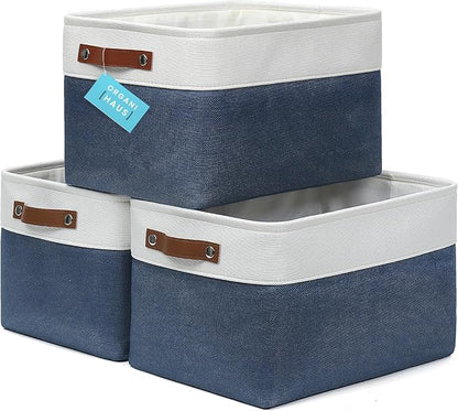 OrganiHaus Large Fabric Storage Baskets for Shelves 3 Pack, 15x11in Closet Storage Bins for Shelves, Cloth Baskets for Organizing, Linen Closet Organizers, Fabric Basket - Navy Blue/White