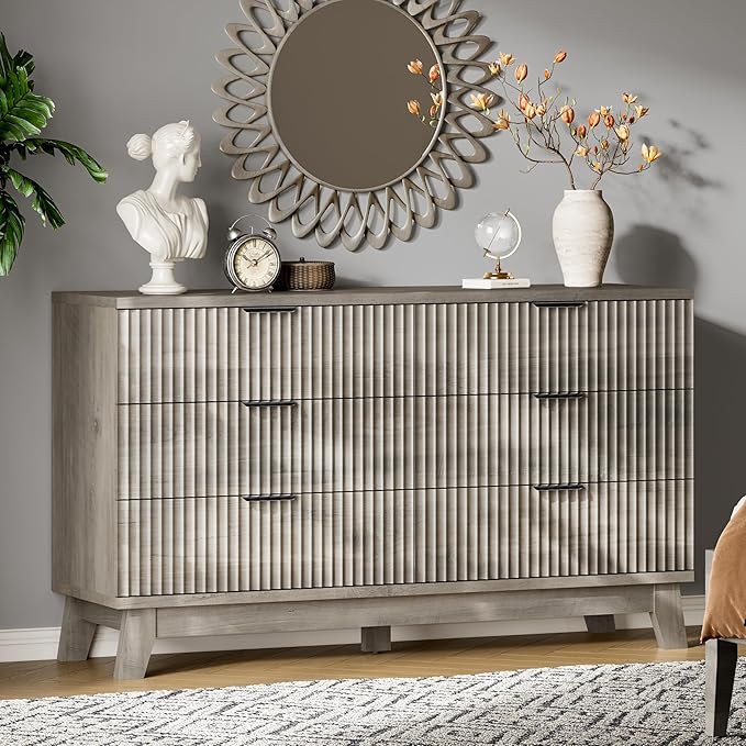 Fluted Dresser with 6 Drawers, 54" Wide Modern Chest of Drawers with Metal Handle, Wooden Dresser TV Stand, Wood Closet Clothes Storage Organizer for Bedroom, Living Room, Hallway, Light Grey