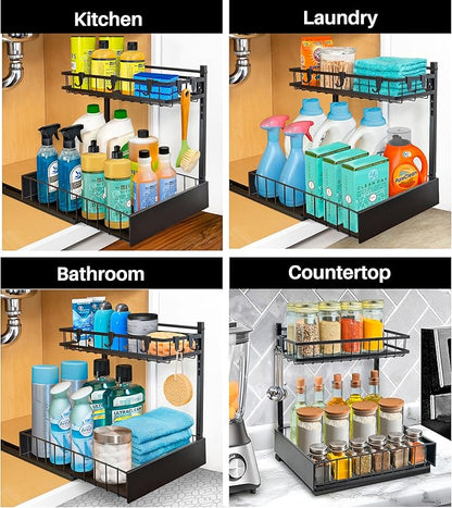 LYNK PROFESSIONAL® Pull Out Under Sink Kitchen Cabinet Organizer - 10" W x 14" D 2-Tier Drawer - Sliding Shelf Organizer for Cabinets and Undersink Storage Shelves - Lifetime Ltd. Warranty – Black