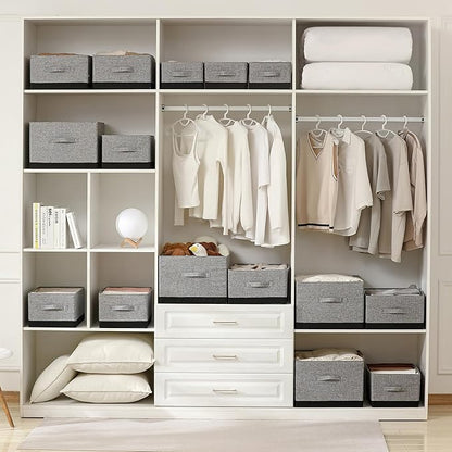 linen closet organizers and storage, 3 Pack Large Storage Baskets, Washable, Clothing Storage Bins with Handle, Closet Organizer for Storage Sweater,Sheets (gray black, 16"x9½"x6¾")