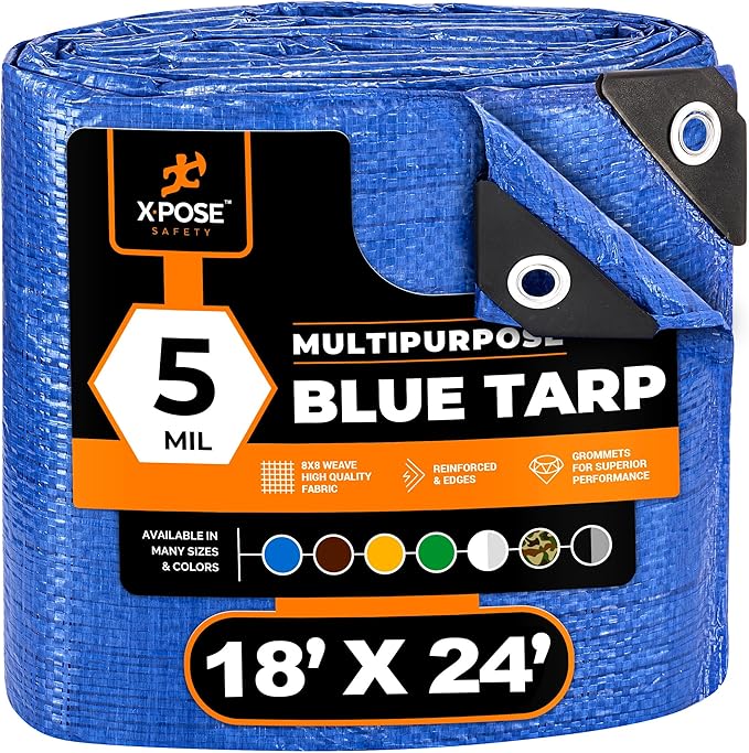 Better Blue Poly Tarp 18' x 24' - Multipurpose Protective Cover - Lightweight, Durable, Waterproof, Weather Proof - 5 Mil Thick Polyethylene - by Xpose Safety