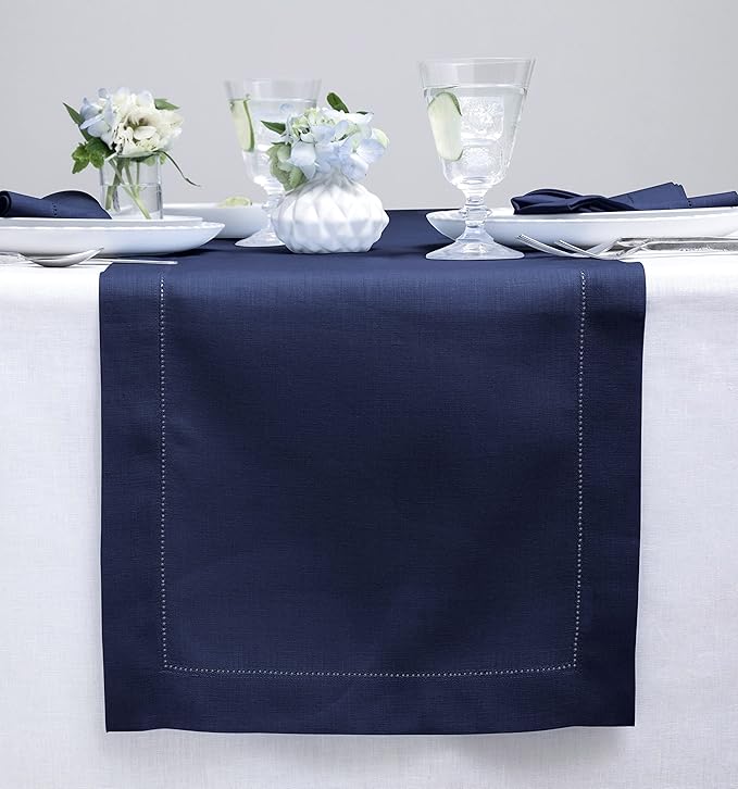 Solino Home Linen Navy Blue Table Runner 60 Inches - Classic Hemstitch, 100% Pure Linen Coffee Table Runner 14 x 60 Inch Ideal for Dresser Tables - Christmas, New Year