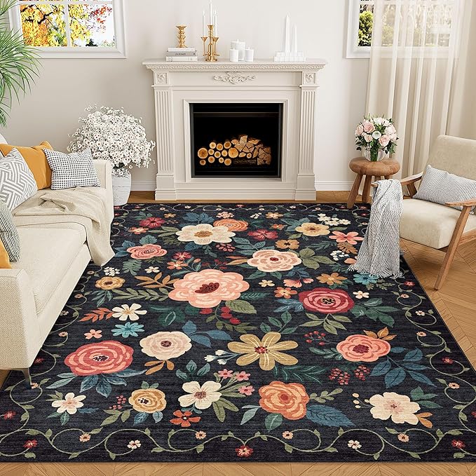 DUKINO 6x9 Area Rug, Floral Rugs for Living Room, Lightweight Non Slip Washable Indoor Low Pile & Non-Shedding Boho Design Carpet for Bedroom, Living Room, Dining Room, Black
