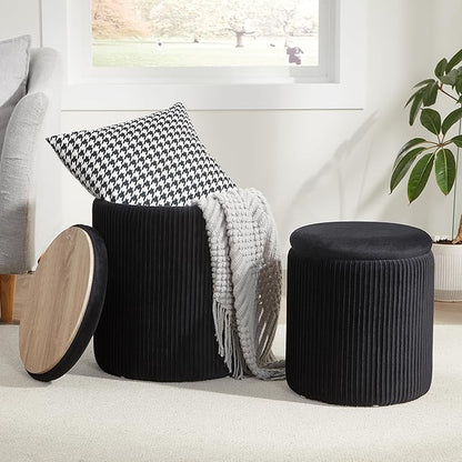 Royal Windsor Round Ottoman with Storage Set of 2,Vanity Stool with Storage for Bedroom, Ottoman Coffee Table,Small Velvet Foot Stool for Living Room, Black