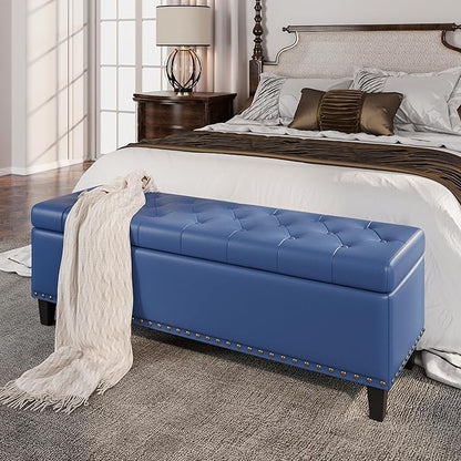 Storage Ottoman Bench, 51-Inch Large Storage Bench for Bedroom End of Bed, 30 Gallons Faux Leather Ottoman with Storage for Bedroom, Living Room, Entryway, Hallway, Blue