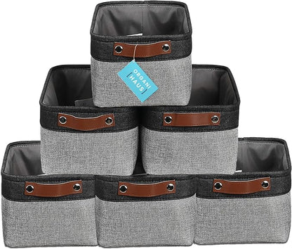 OrganiHaus Small Fabric Storage Baskets for Shelves 6 Pack, 12x8in Closet Storage Bins for Shelves, Cloth Baskets for Organizing, Linen Closet Organizers, Fabric Basket, Gray/Black