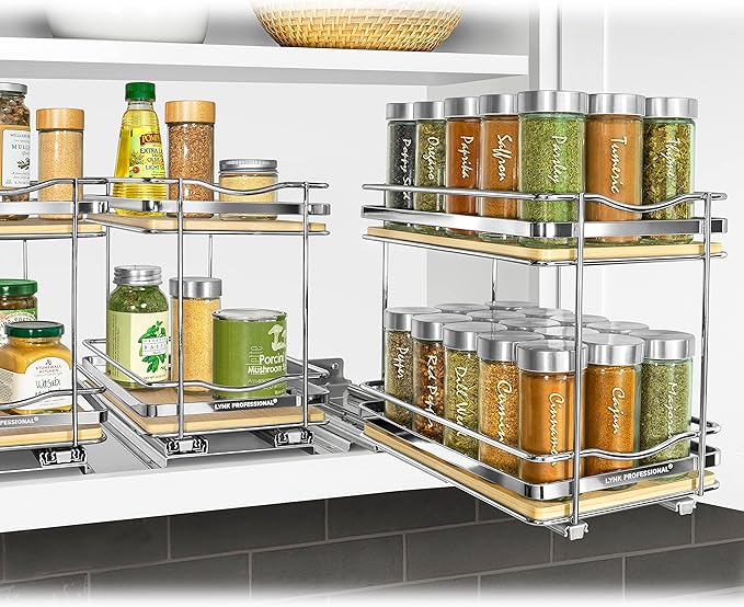 LYNK PROFESSIONAL® Élite™ Pull Out Spice Rack Organizer for Inside Kitchen Cabinets - 6-1/4 inch Wide - Slide Out Drawer – Wood/Chrome Sliding Spice Cabinet Organization Shelf Racks - 2 Tier