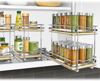 LYNK PROFESSIONAL® Élite™ Pull Out Spice Rack Organizer for Inside Kitchen Cabinets - 6-1/4 inch Wide - Slide Out Drawer – Wood/Chrome Sliding Spice Cabinet Organization Shelf Racks - 2 Tier