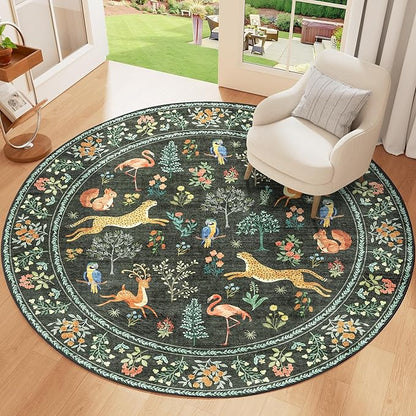 DUKINO 4ft Round Rug, Washable Round Area Rug, Non Slip Indoor Low Pile Animal Design, Soft Small Vintage Circle Carpet for Bedroom, Entryway, Living Room, Dining Room, Black