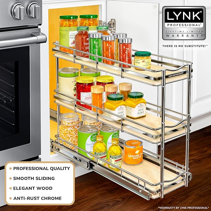 LYNK PROFESSIONAL® Élite™ Pull Out Spice Rack Organizer for Inside Kitchen Cabinets - 6"x21" - Slide Out Drawer – Wood/Chrome Sliding Spice Cabinet Organization Shelf Racks - 3 Tier