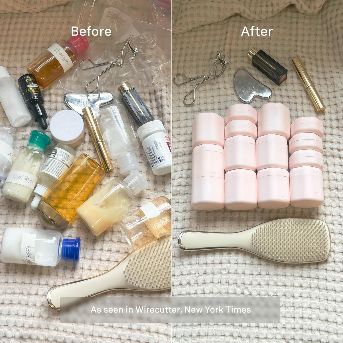 Cadence Travel Containers - Body Care Capsule Set - Magnetic Containers with Lids,Carry On Travel Essentials for Women/Men - 3 Flex Mediums (1.32oz) - Body Wash, Lotion & Sun Icon Labels - Petal