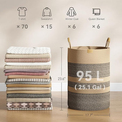 95L Striped Laundry Hamper with Leather Handles,Large Foldable Laundry Basket for Clothes,Cotton Rope Storage Bin for Blankets,Woven Clothes Basket for Bedroom,Dark Brown Stripes